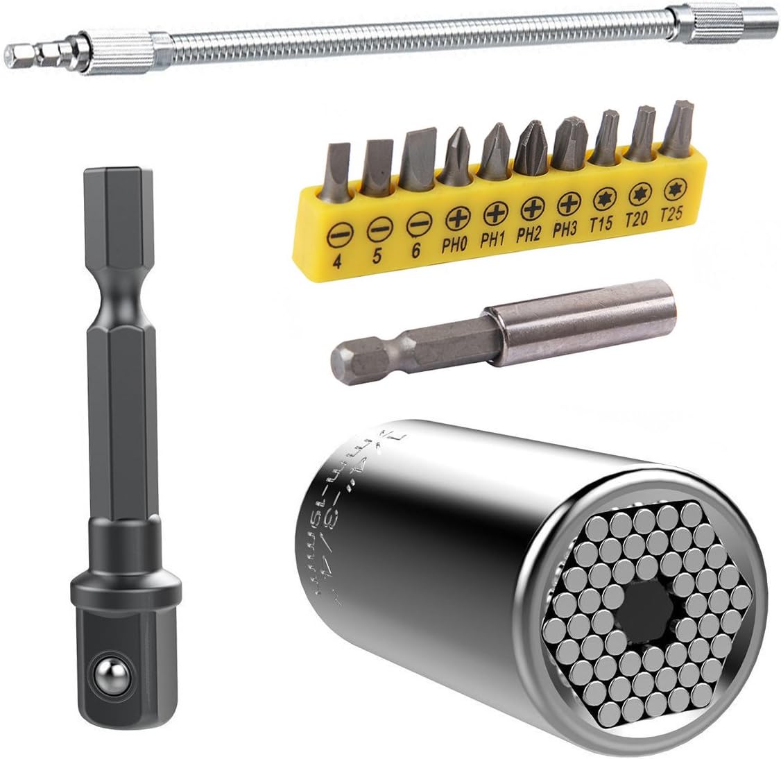 Multi-Functional Universal Socket Set Professional Repair Tool, 1/4"-3/4" Ratchet Hex Metric Wrench Socket with 1/4" Power Drill Extension Bit Adapter, Tools Flexible Shaft by TooTaci