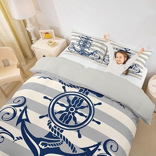 Miniatura 20 de Erosebridal Funda de edredón de ancla náutica, juego de ropa de cama con brújula oceánica, tamaño individual para niños, adolescentes, adultos,