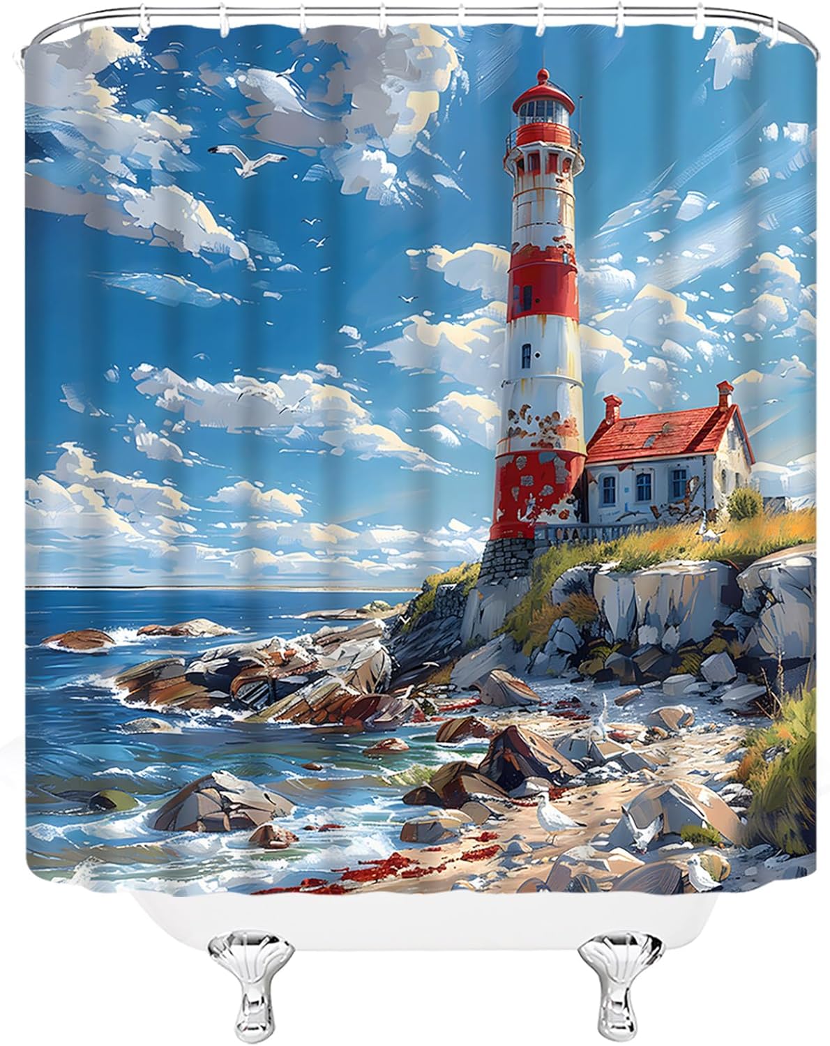 Ocean Lighthouse Shower Curtain Coastal Nautical Beach Seaside Seascape Landscape Tropical Blue Extra Long Bathroom Decor Curtain with Hooks,70" Wx78 H
