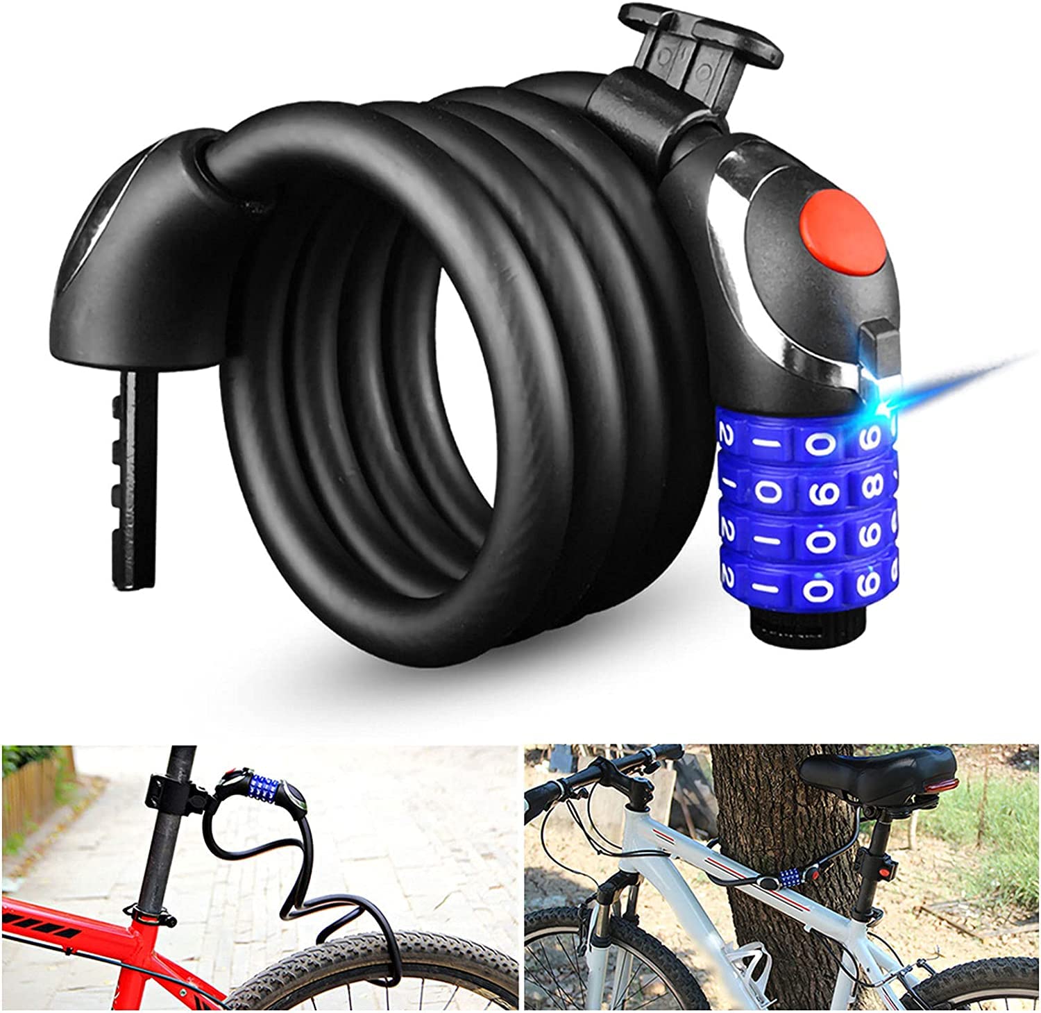 Generico Lucchetto per Bicicletta con Combinazione A 4 Cifre, Cavo in Acciaio Illuminato A LED, Cilindro in Acciaio Legato Resistente alle Alte E Basse Temperature (Black 120cm)