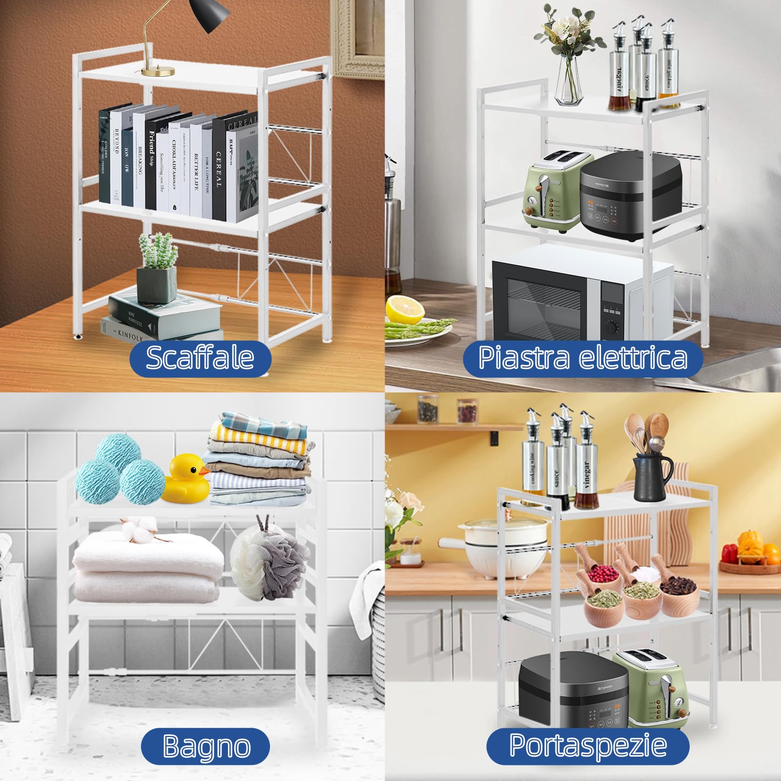 Scaffale per microonde regolabile in 2 livelli, 42-64 cm, portata 75 kg, in acciaio inox, regolabile in altezza, con ganci (bianco)