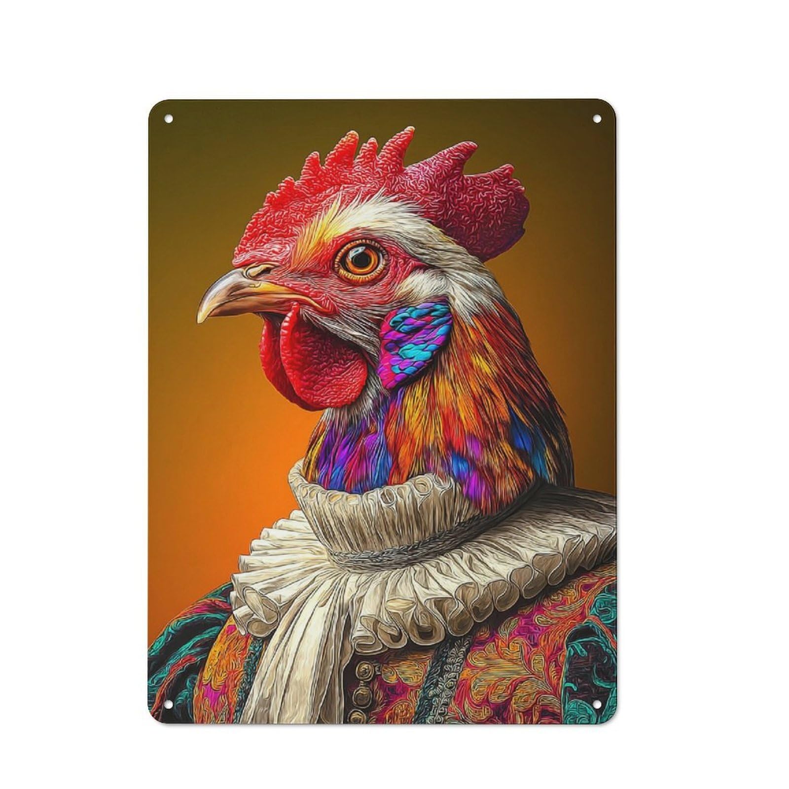 Junmoney Colorful Rooster In Historical Attire Vintage Metal Sign 40X30cm For Lounge Or Reading Corner, For Garage, Workshop And Man Cave Decoration