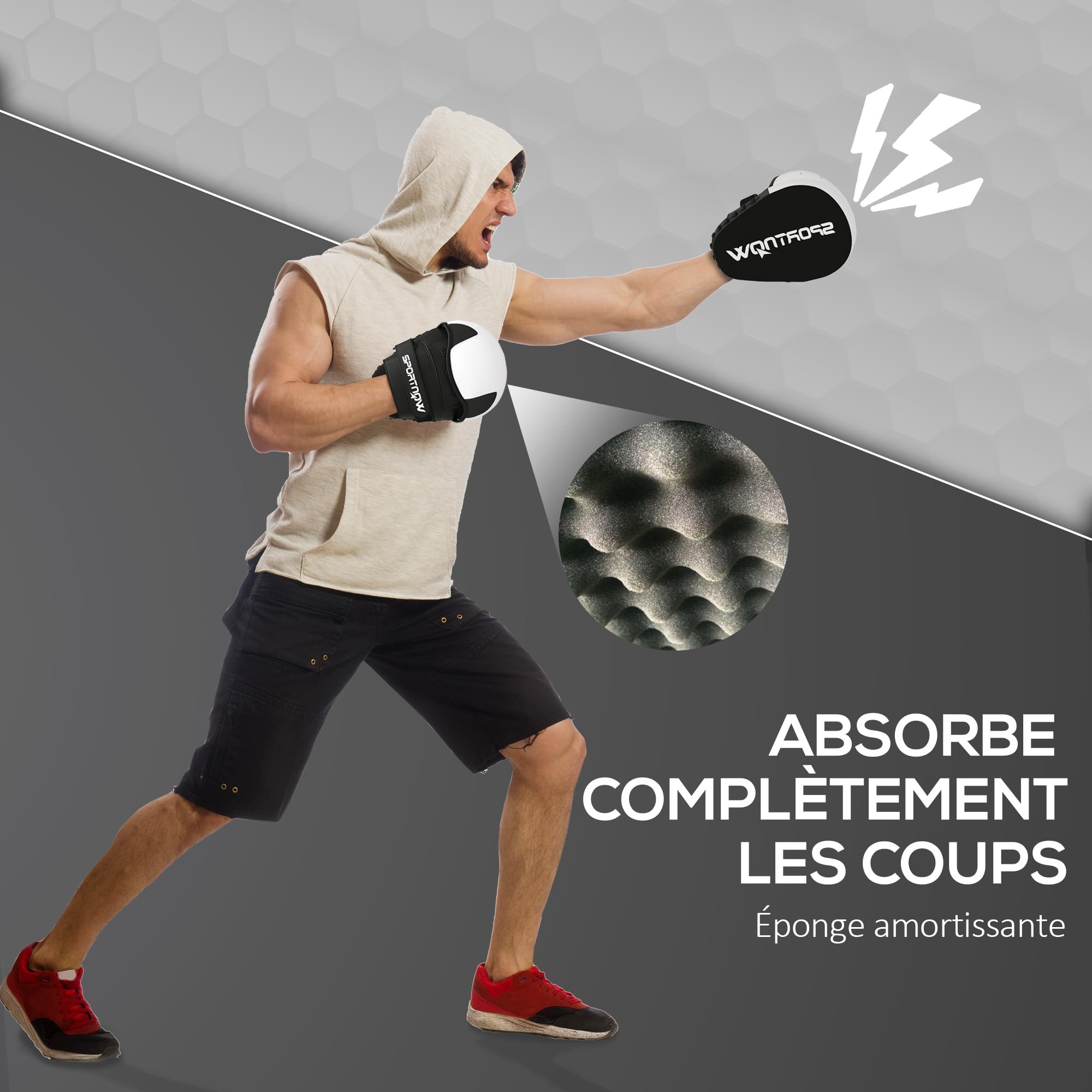 SPORTNOW Pattes d'ours Boxe, 1 Paire de Pattes pour entraînement de Boxe, avec Couvre-Doigts, boucliers de Frappe pour Muay Thai, Kickboxing, Arts Martiaux, MMA, Blanc