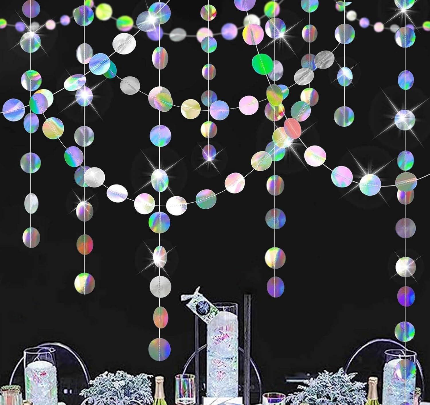 52 ft Colourful Glitter Paper Circle Dots Garland, 4 Pieces 4 m Glitter Round Circle Banner, Hanging Iridescent Paper Flowers, for Birthdays, New Year's Eve, Carnival, Anniversaries, Weddings, Party