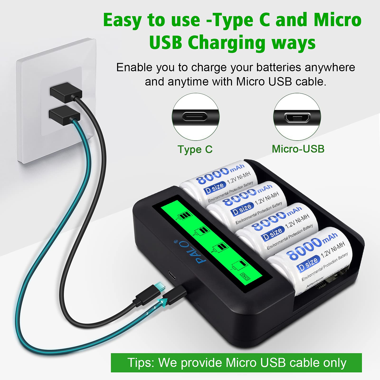 CITYORK Caricabatterie, adatto per batterie AA AAA C D NI-MH - ricarica rapida, rilevamento automatico, funzione di protezione da sovraccarico (l'aspetto può variare)