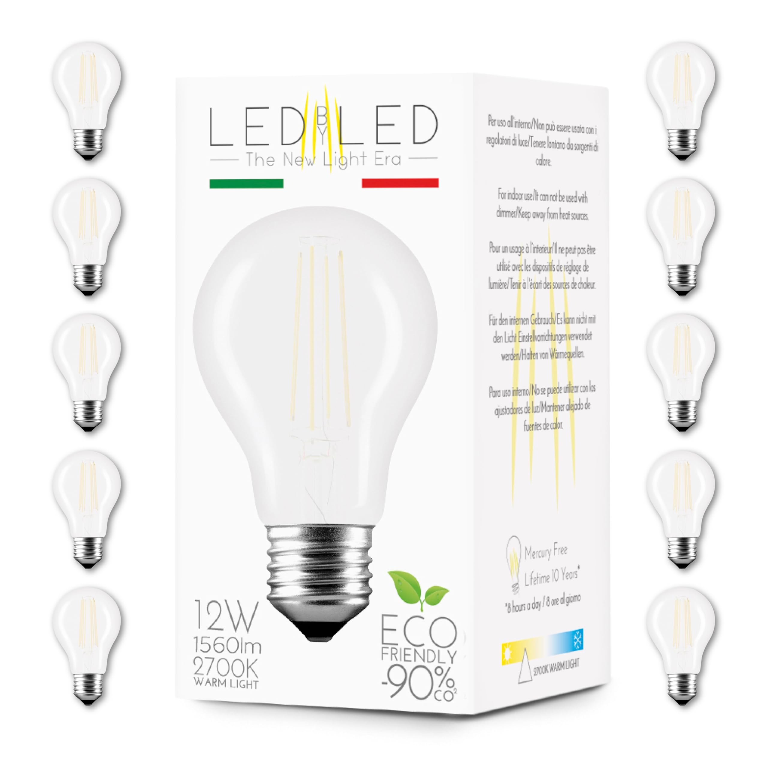 Bombilla Gota 12W Equivalente a 120W, E27, Vidrio Esmerilado, 2700K Luz Cálida, filamento LED recto, 1560 Lúmenes, Paquete de 10 unidades
