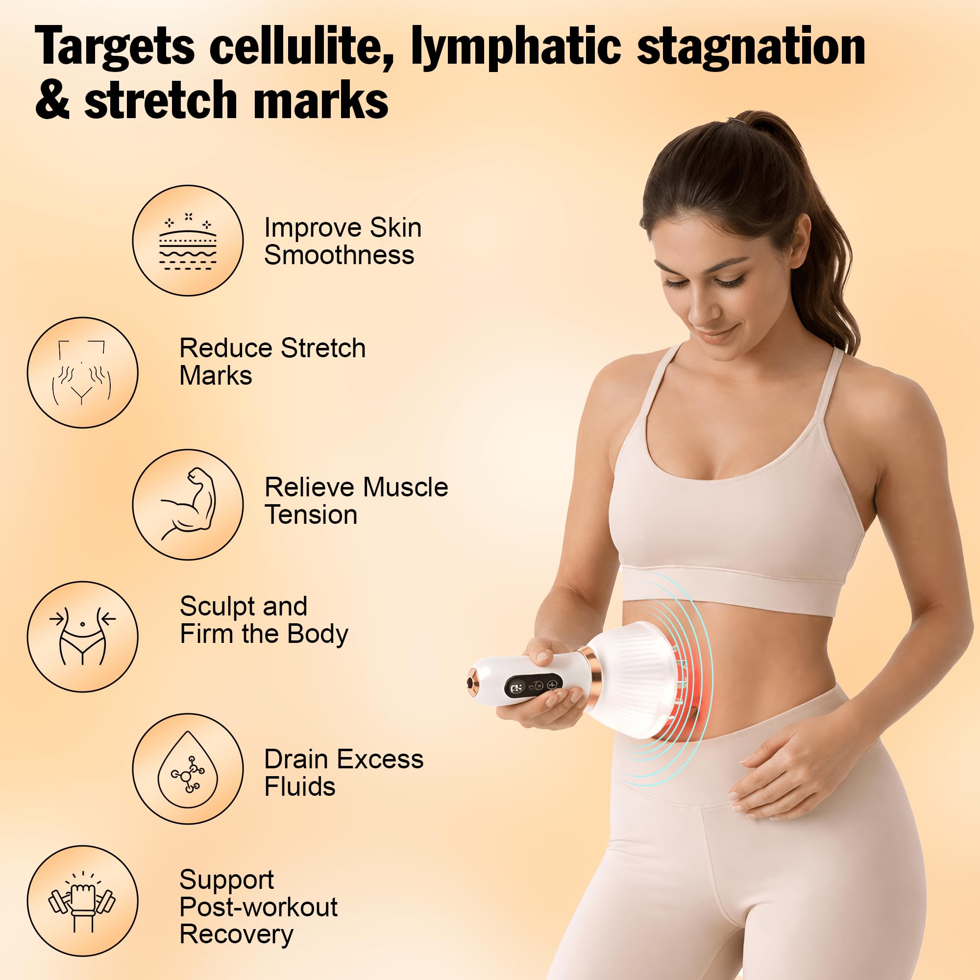 5 in 1 Lymphatic Drainage Massager with Microcurrent, Light, Heat, Vibration - Anti Cellulite Massage for Arms, Legs, Belly Stretch Marks, Sciatica Nerve pain relief - Body Sculpting Machine, White