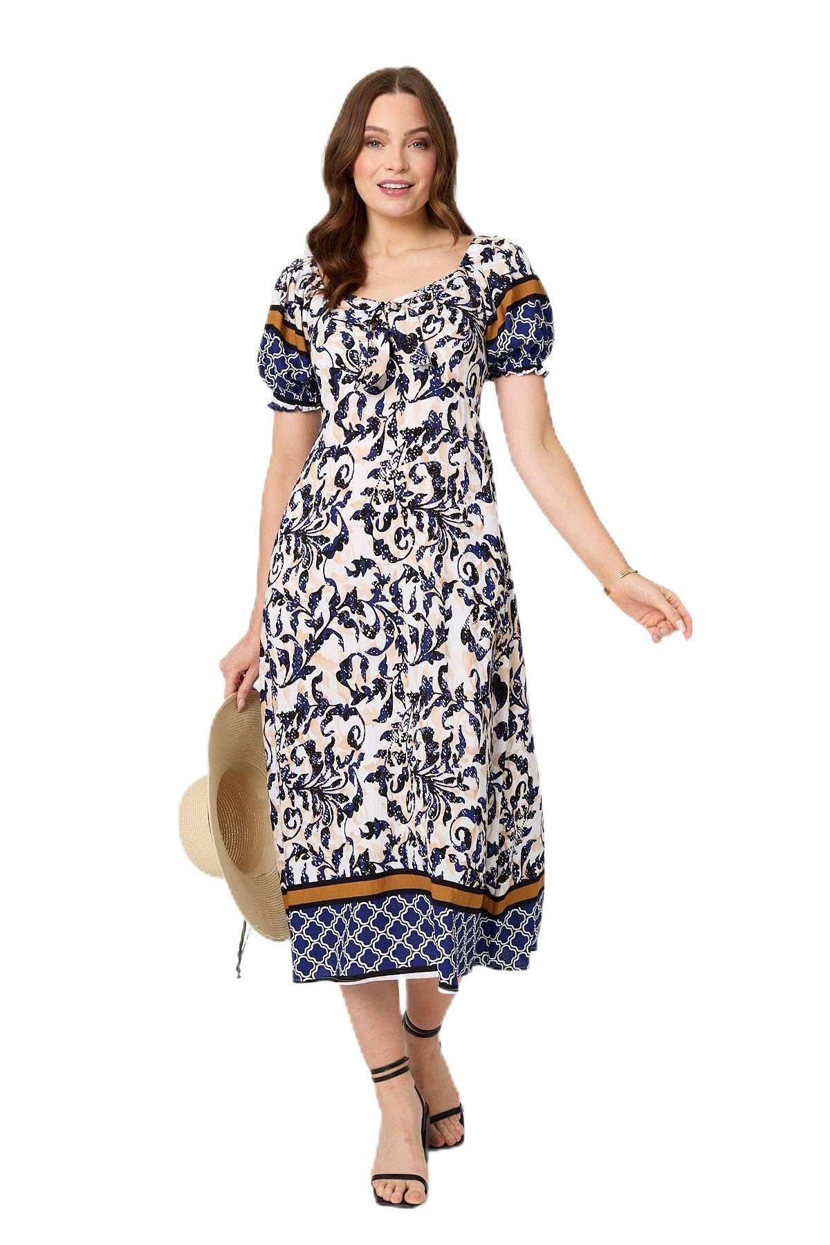 Izabel London Women's Navy Floral Border Puff Sleeve Midi Dress In Size 14