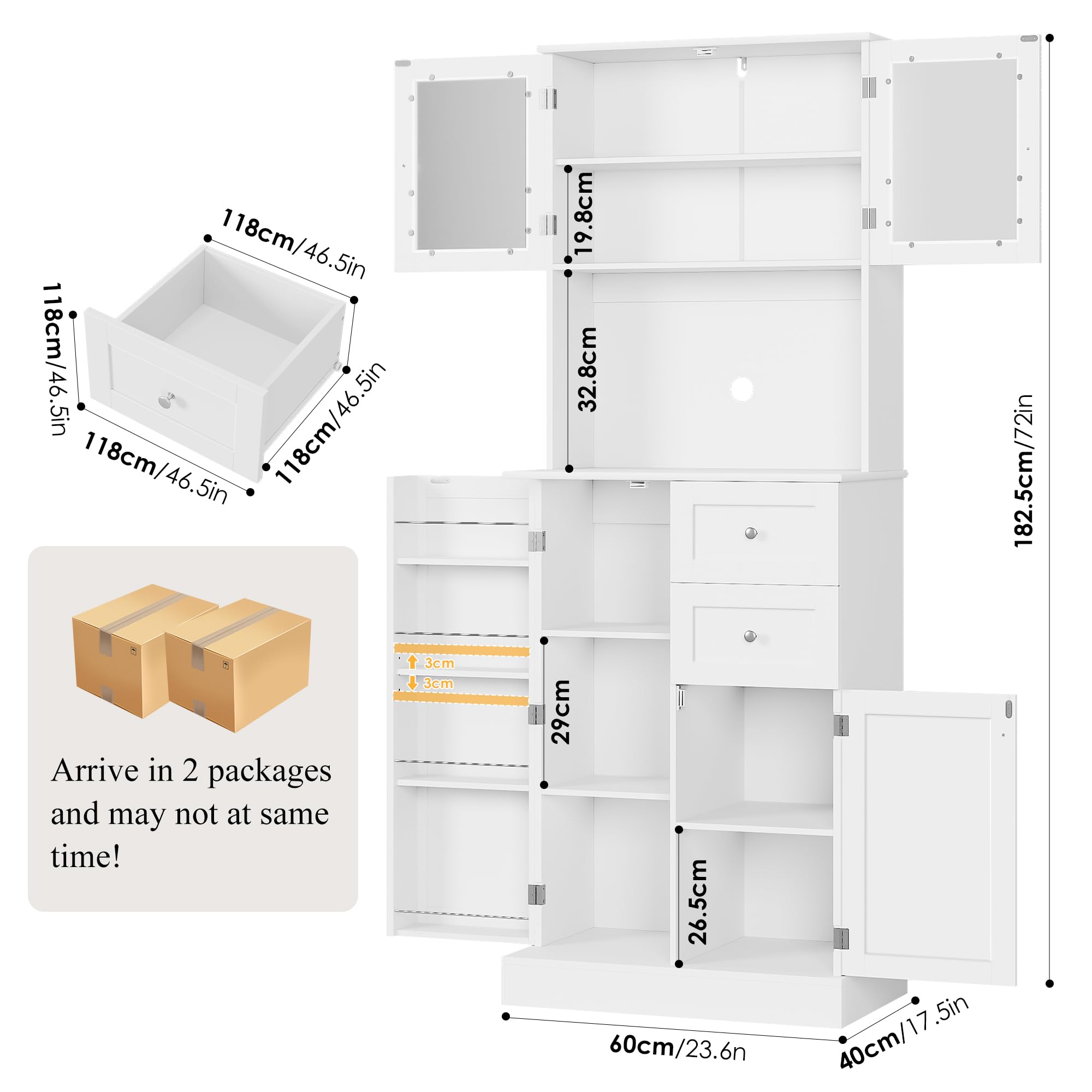 HOCSOK Küchenschrank, Buffetschrank mit Verstellbaren Ablage und Schubladen | vorratsschrank küche mit Mikrowellenregal und 4 Türen, Mehrzweckschrank für Küche, Esszimmer, Wohnzimmer, Weiß