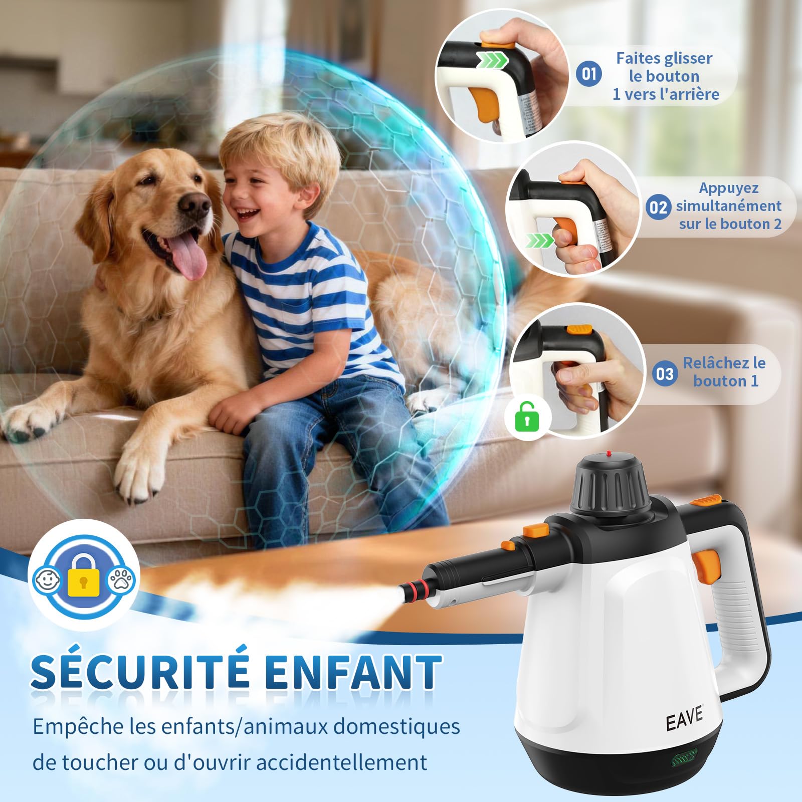 Nettoyeur Vapeur Portable, 110℃ Nettoyeur Vapeur à Main pour un Nettoyage Efficace, Polyvalent Vaporetto avec 10 Accessoires et Câble 5m pour Canapés, Tapis, Joints, Nettoyage sans chimie (Blanc)