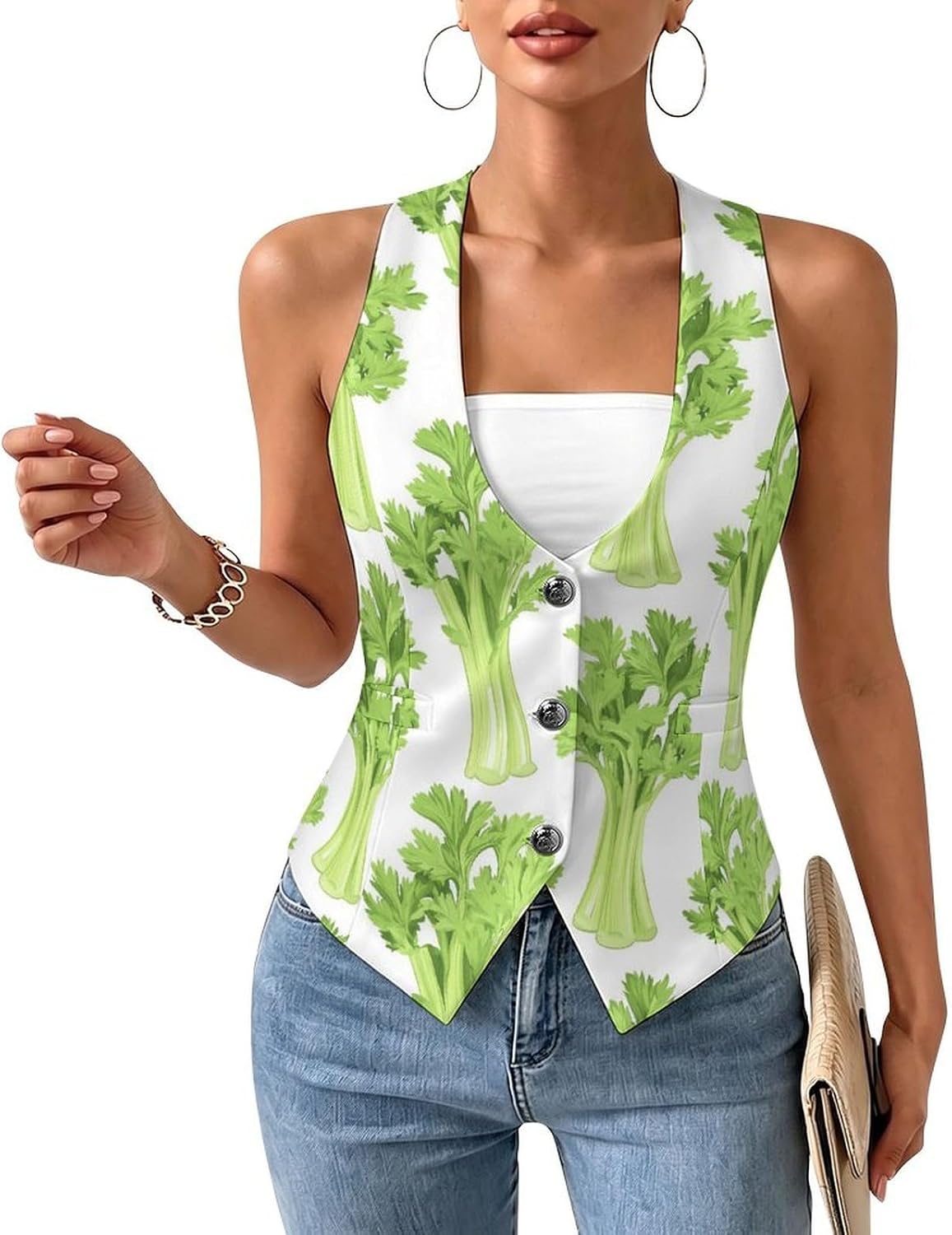 Green Celery Vegetable Women's Tuxedo Waistcoat Suit Vest | 3 Button V-Neck Slim Fit Casual Sleeveless Top
