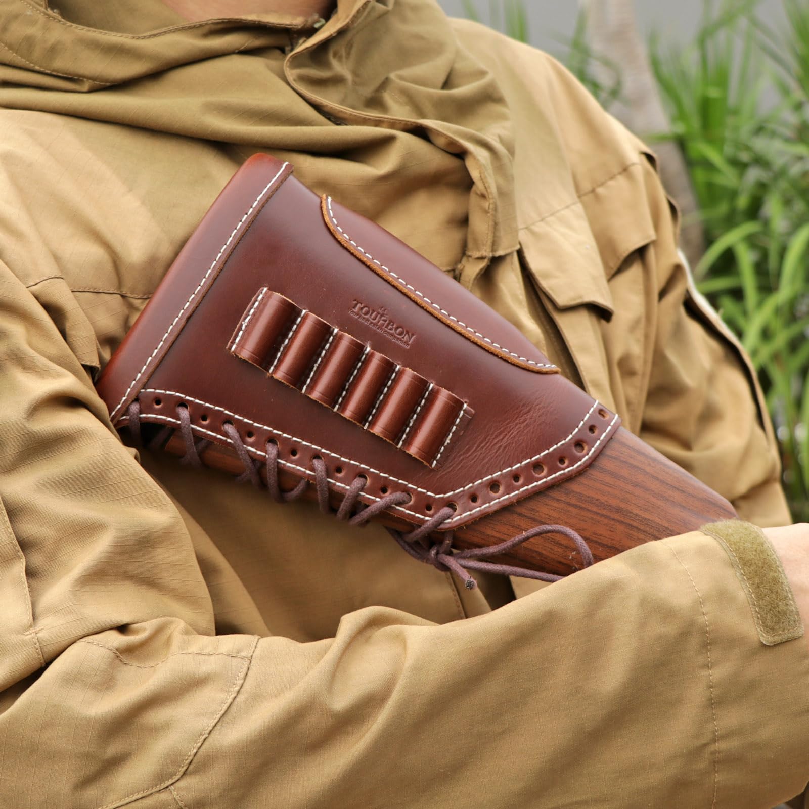 Culata de Rifle de Cuero auténtico, Almohadilla de Retroceso para reposa mejillas, Bolsa con Soporte para munición de 6 Rondas