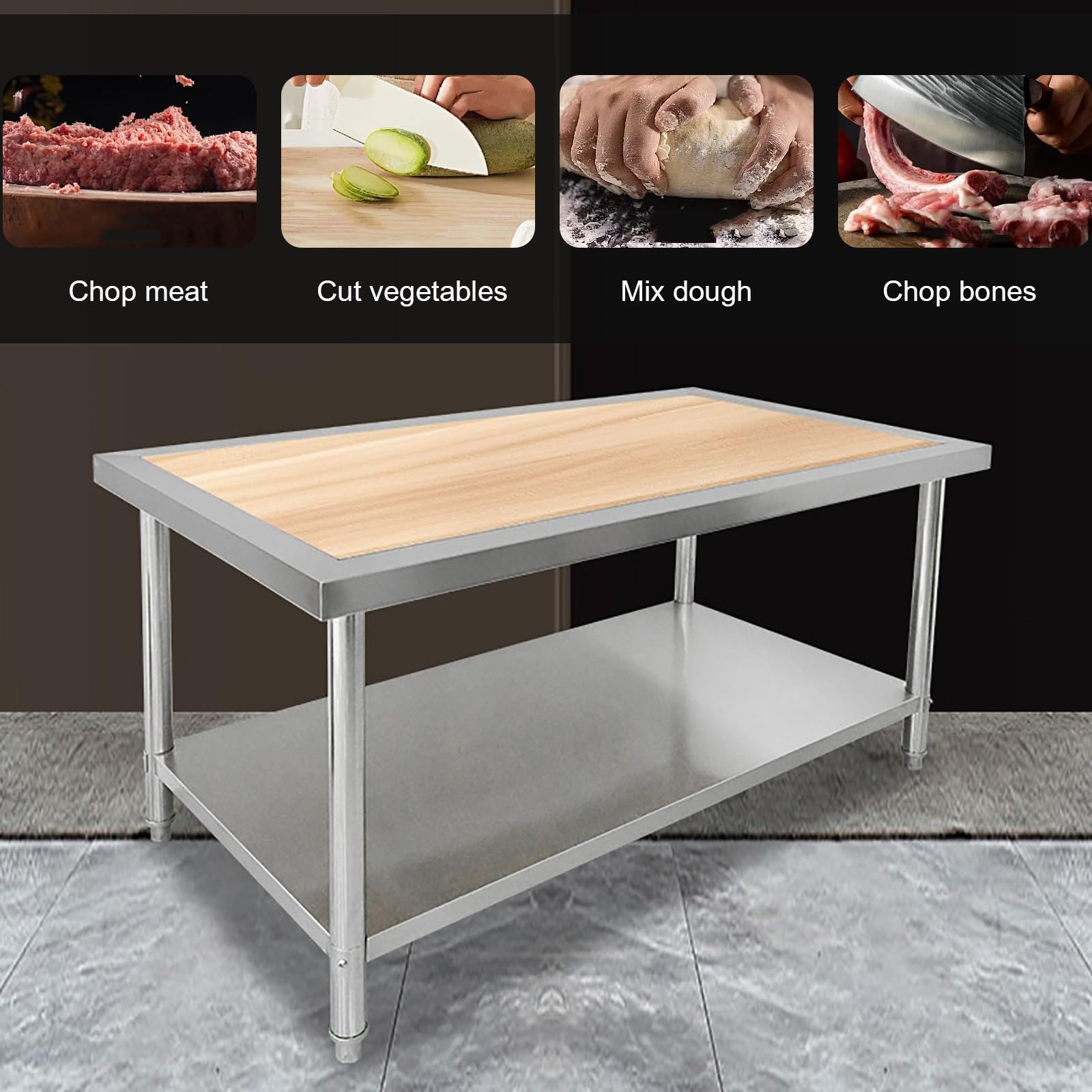 Mesa de preparación de Acero Inoxidable con Tablero de Madera, Altura Ajustable, Capacidad de 1500 LB, Isla de Cocina para Restaurante, hogar y Hotel (tamaño: 120 * 60 * 80 cm/47,2 * 23,6 * 31,5 pul