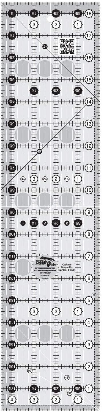 Quilt Ruler 4-1/2in x 18-1/2in Rectangle – CGR418 – Made in USA, Non-Slip Grip Acrylic Quilting, Sewing, Crafting, Patchwork Ruler for Measuring & Cutting Fabric