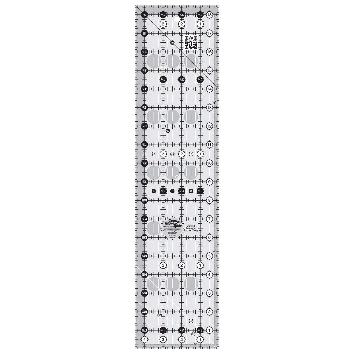 Creative Grids Quilt Ruler 4-1/2in x 18-1/2in Rectangle – CGR418 – Made in USA, Non-Slip Grip Acrylic Quilting, Sewing, Crafting, Patchwork Ruler for Measuring & Cutting Fabric