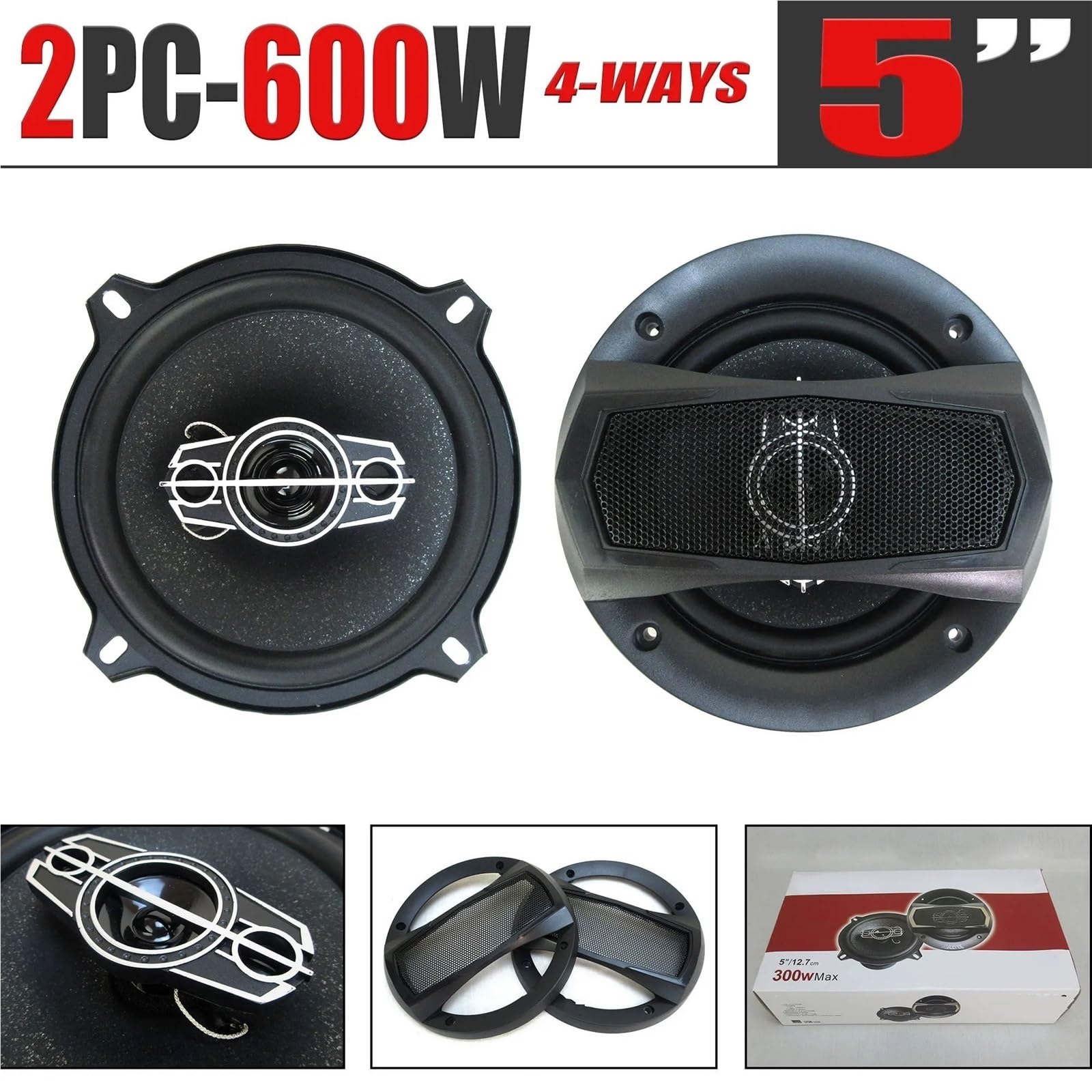 Głośnik Głośnik Wysokotonowy 2x300W 5 cali Łącznie 600W 4-drożny głośnik współosiowy HiFi z osłoną przeciwpyłową i kablem audio Drzwi samochodowe Auto Audio