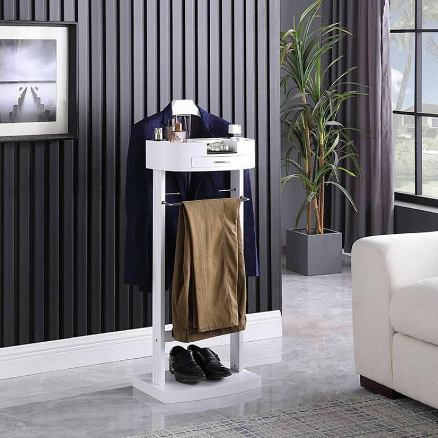 Soporte multifuncional para colgar trajes con zapatero y caja de almacenamiento, fácil de montar, elegante diseño blanco para organización de ropa y soluciones de almacenamiento en el hogar