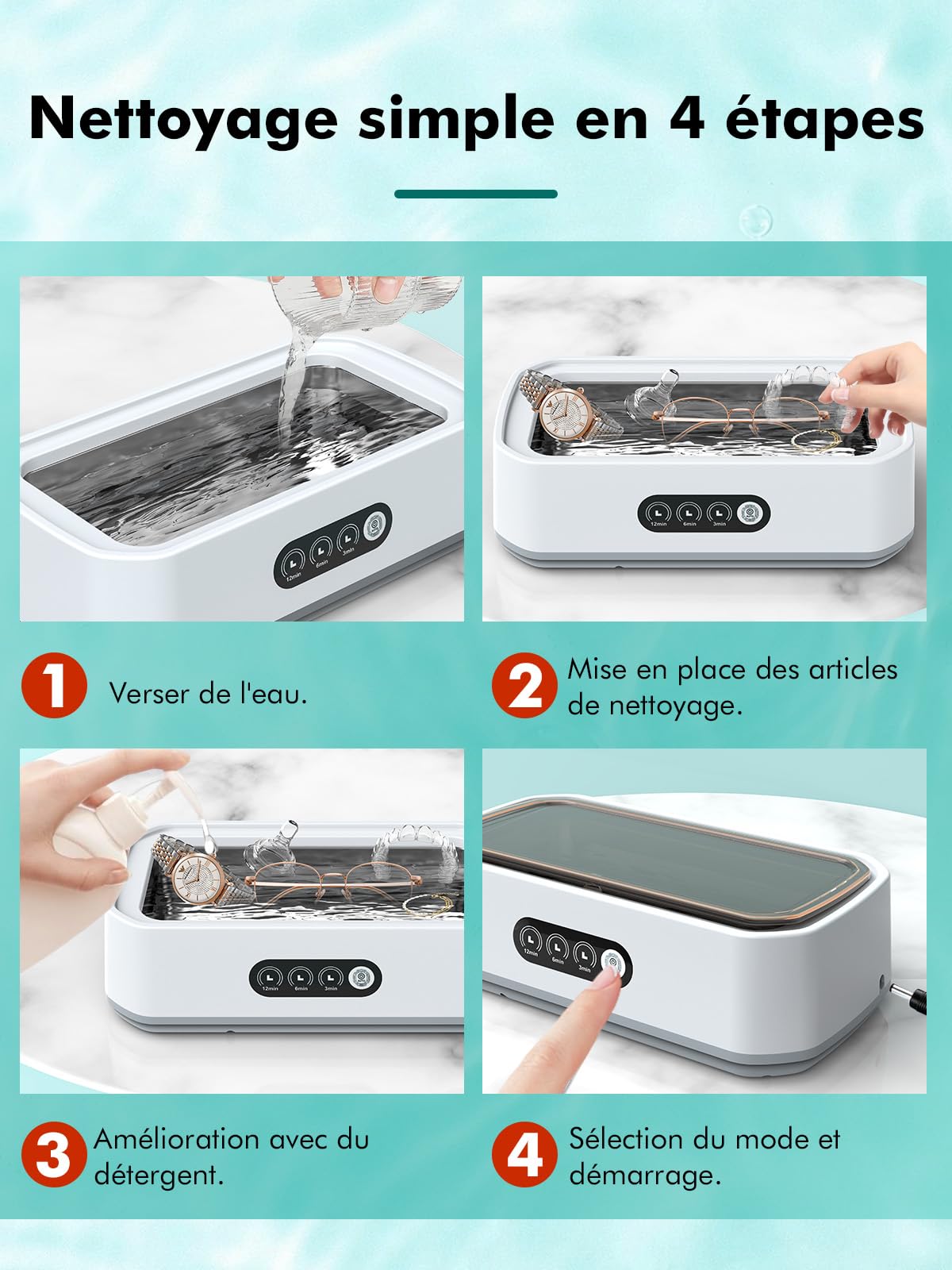Nettoyeur Ultrasons, 48 kHz, 650 ml Nettoyage en Profondeur à 360°, Fonctionnement à une Touche avec, Convient pour le Nettoyage des Lunettes, des Bijoux et des Prothèses Dentaires