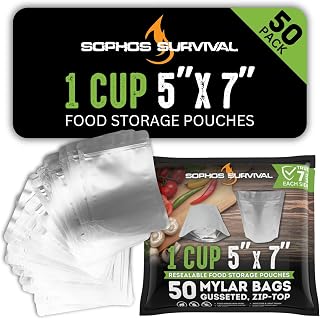 50 Mylar Bags for Food Storage, Airtight 7-Mil Thick Gusseted Zip Lock, Long Term, Reusable, Emergency Food Supply & Freeze Dryer Bags - 1 Cup 5x7 Inch