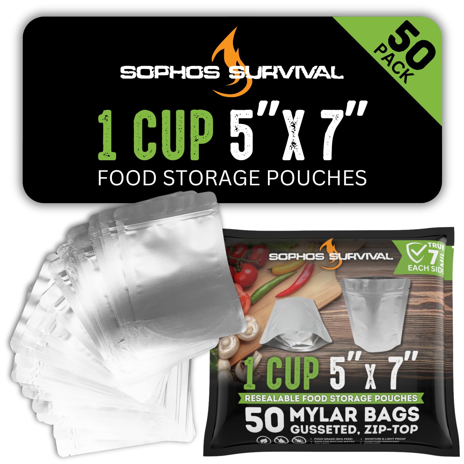 50 Mylar Bags for Food Storage, Airtight 7-Mil Thick Gusseted Zip Lock, Long Term, Reusable, Emergency Food Supply & Freeze Dryer Bags - 1 Cup 5x7 Inch