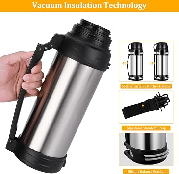 Flask for Hot Drinks, 2L Stainless Steel Vacuum Insulated Flask for Hot and Cold Drinks Coffee, Large Capacity Leakproof Hot Water Bottle with Telescopic Handle for Outdoor Travel Hiking Camping