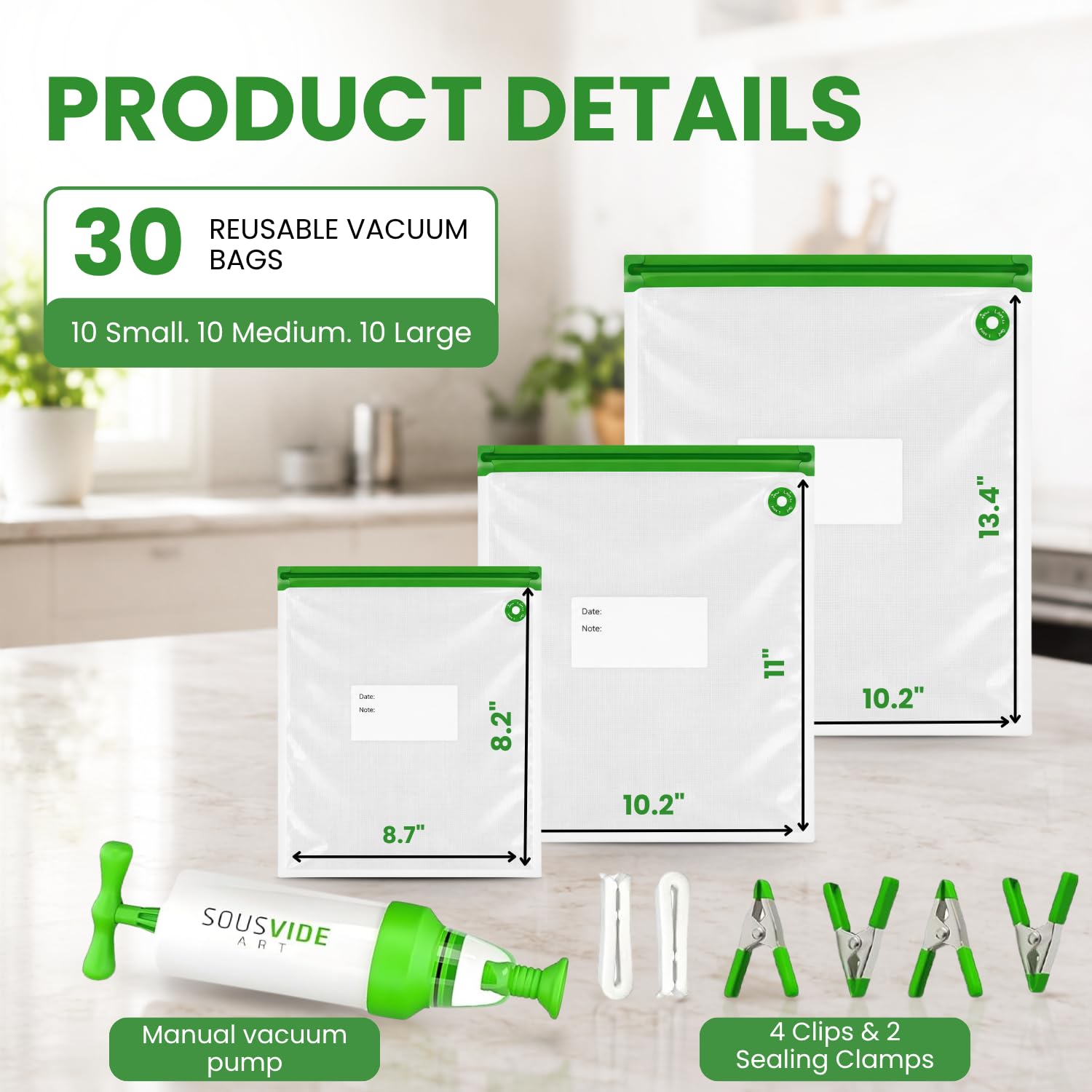 SOUSVIDE ART Lot de 37 sacs réutilisables sous vide avec scellant sous vide – 30 sacs de cuisson et de rangement de 3 tailles avec pompe et accessoires de cuisson sous vide – Kit de qualité