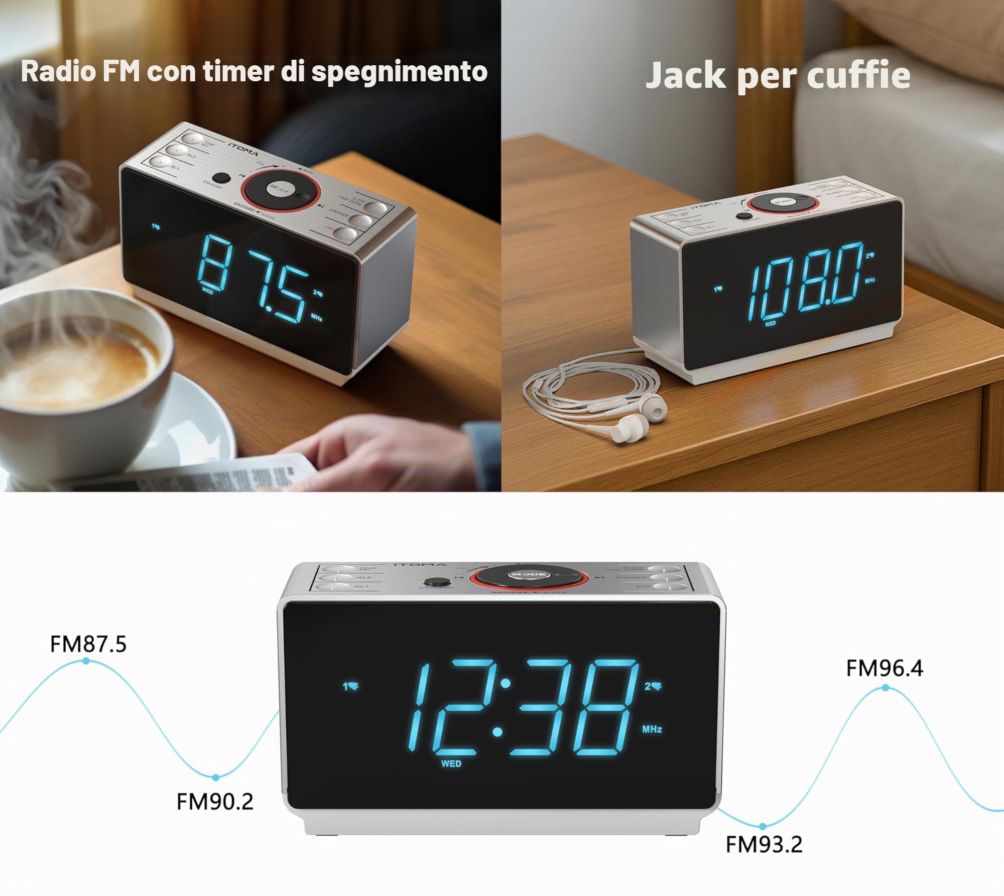 iTOMA Radiosveglia Bluetooth Digitale FM Doppia Sveglia Snooze Dimmer Ricarica USB Luce Notturna CKS708