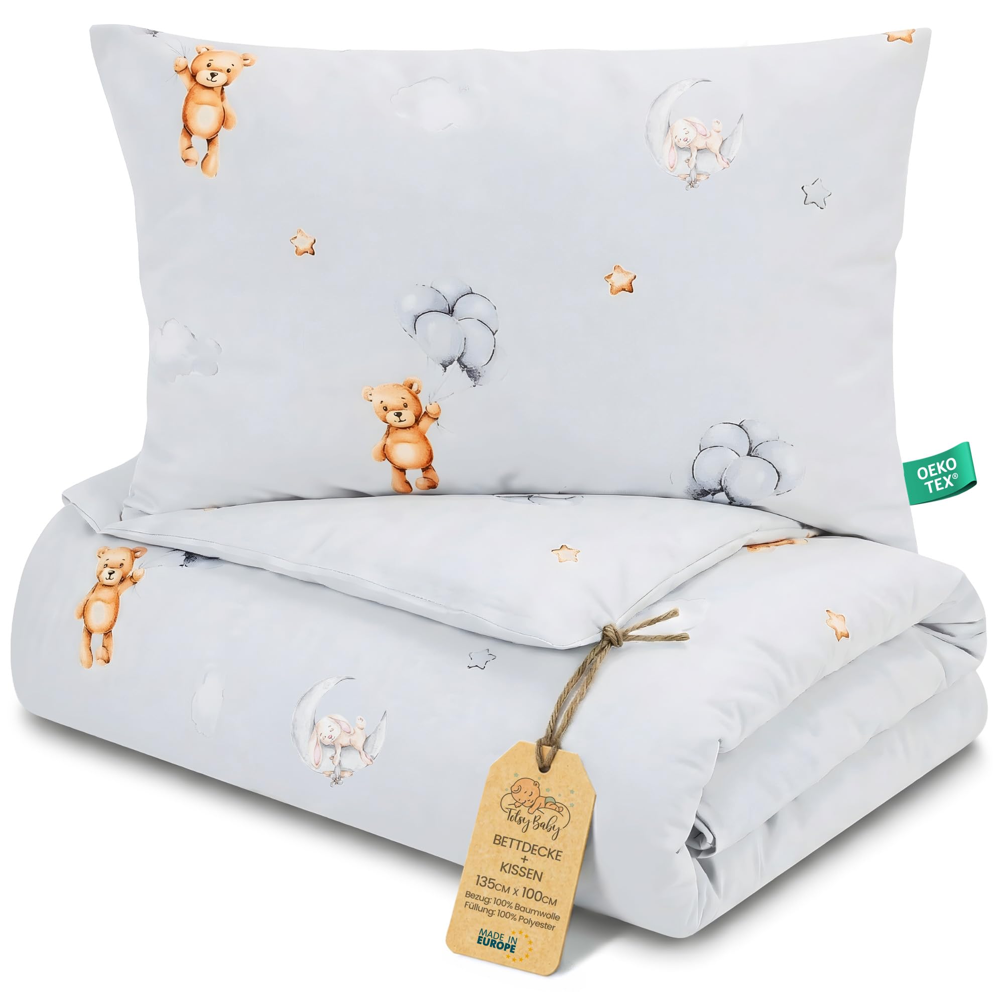 Totsy Baby Toddler Duvet Pillow Set 100x135 cm Quilt 40x60cm Cushion - Coton Lightweight Breathable Bedding Insert for Cot Nursery Travel Cots bed Insert Only 100 x 135 Oeko-tex Teddy bears