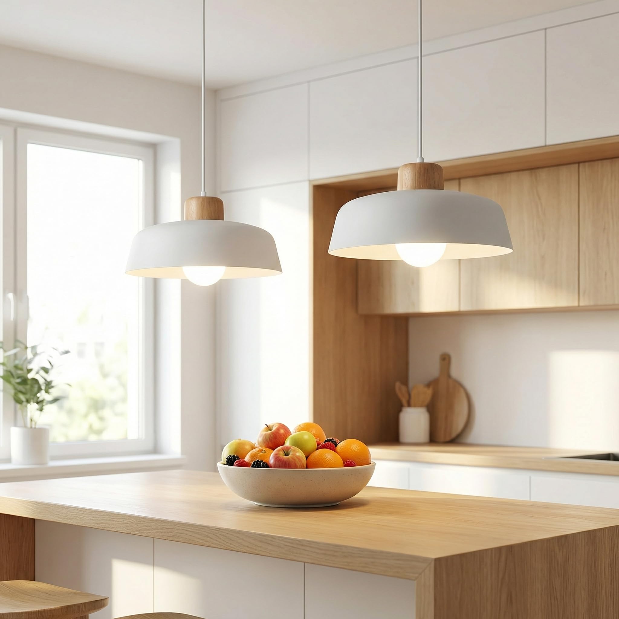 Lámpara Colgante con Redondo Pantalla de Hierro 30cm y Acabado de Madera en Color Macaron​​, ​​Grande Luz Colgante Moderna E27 ​​Para Salón, Cocina y Comedor​ (Blanco)