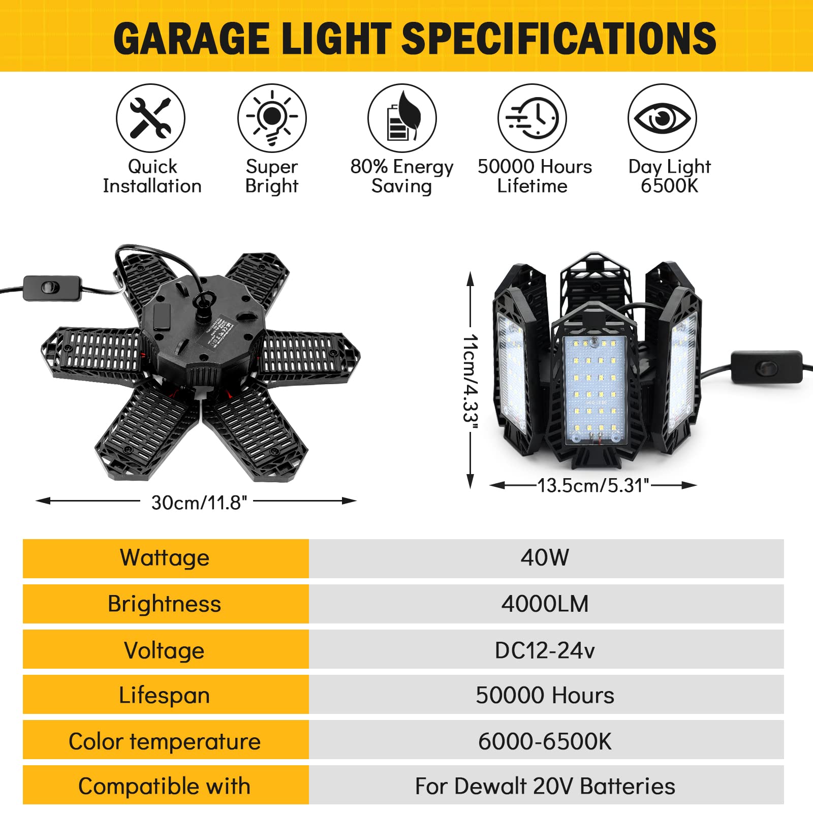 LIVOWALNY LED Work Light for Dewalt 20V Battery, 40W 4000LM LED Garage Lights, Flood Lights, Ceiling Lights for Garage Car Repairs, Workshop, Camping