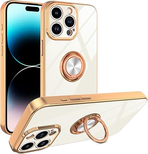 Funda blanca para iPhone 15 Pro Max con soporte de anillo con magnético parachoques de TPU suave, cubierta galvanizada dorada con purpurina, funda
