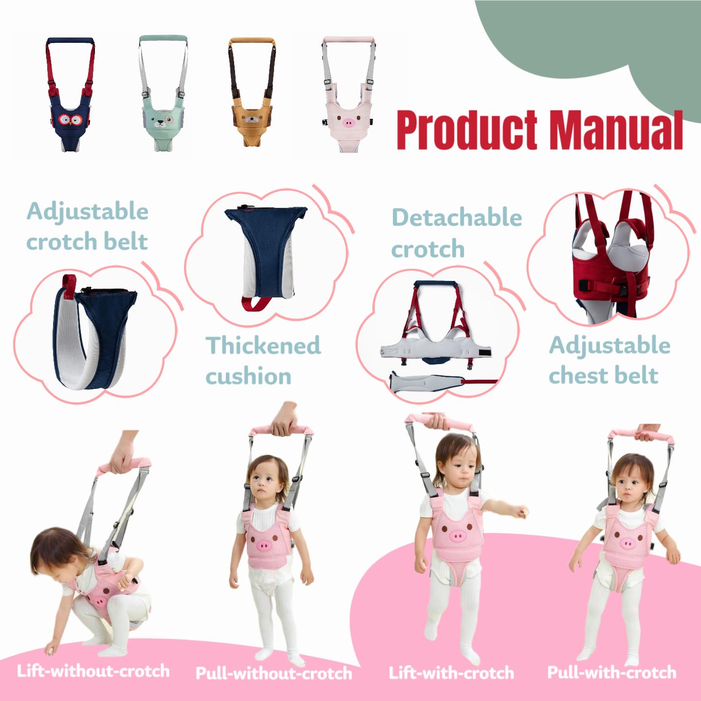 Baby Walking Harness, Handheld Kids Walker Helper, New Upgrade Breathable and Adjustable Toddler Infant Walker Harness Assistant Belt with Instructions for 7-24 Month (Green)