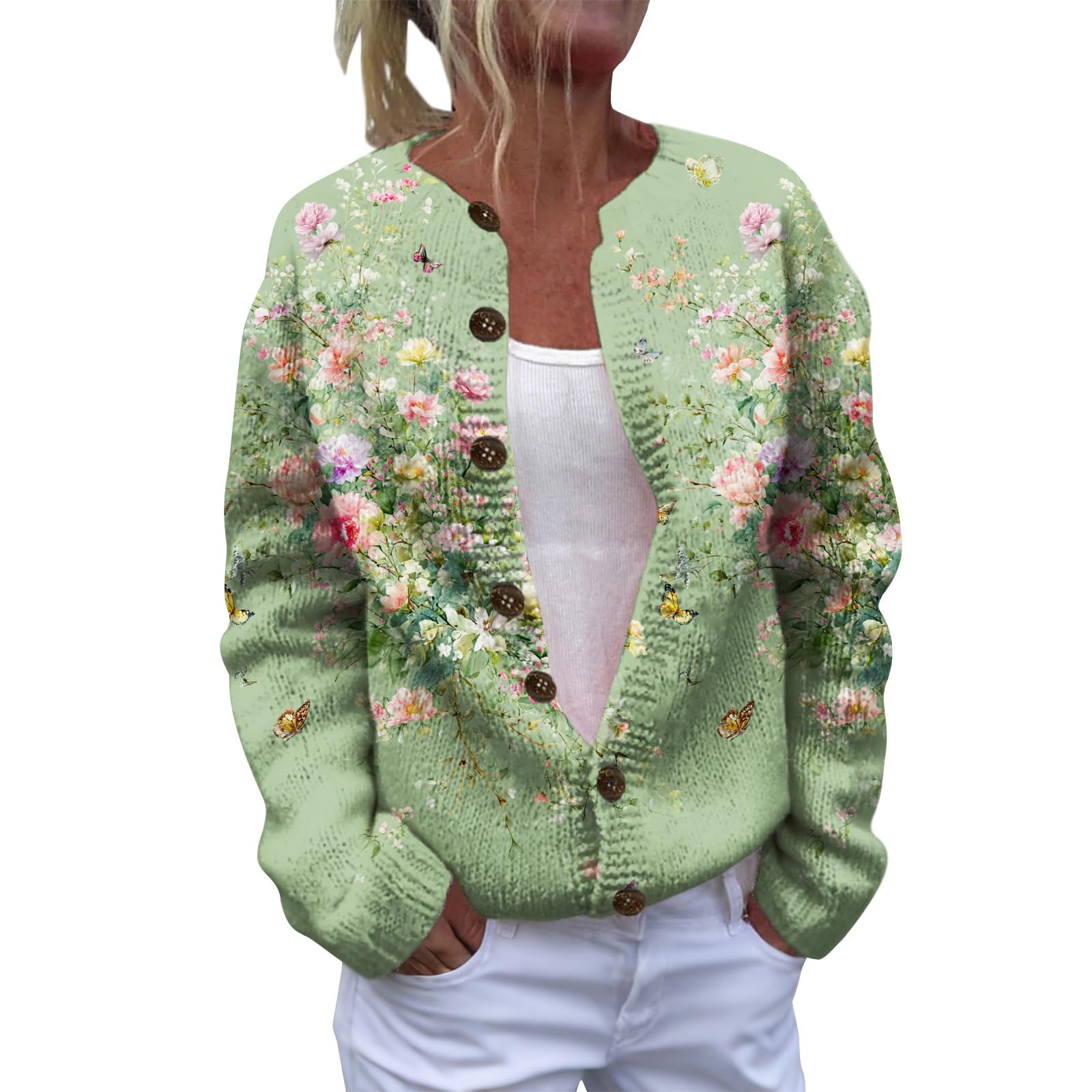 Womens Fall Winter Floral Sweater Crewneck Long Sleeve Button Chunky Knit Cardigan Holiday Sweater