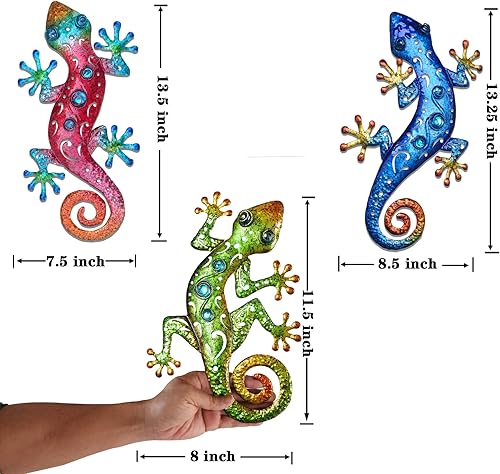 Miniatura 2 de Lagartos de metal para decoración al aire libre, decoración de pared de Gecko de metal, 13.5 x 8.5 pulgadas, paquete de 3 unidades, adecuado para