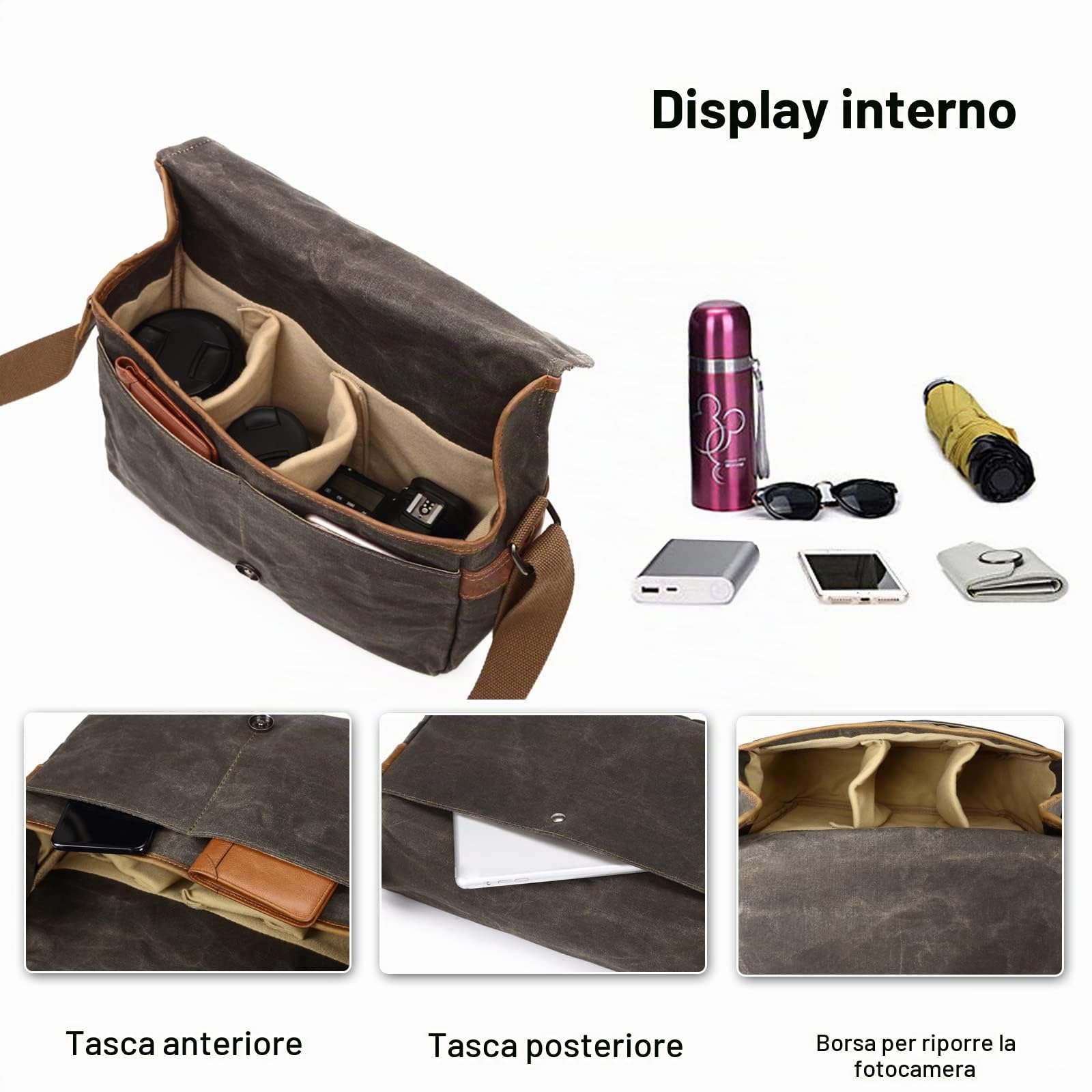 FANDARE Retrò Borsa Fotografica SLR Borse Tracolla Tela Custodia per Fotocamera Messaggero Borse a spalla Uomo Donna Borsa a Tracolla per scuola Università Viaggio Lavoro Borsa a Spalla Cachi
