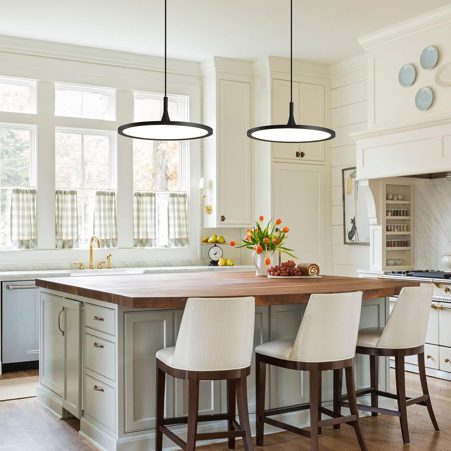 JAYMP Dining Room Modern Pendant Lighting Dimmable LED Disk Light Adjustable Height Kitchen Island Hanging Light Fixture (Black, Dia 15.7 inch)