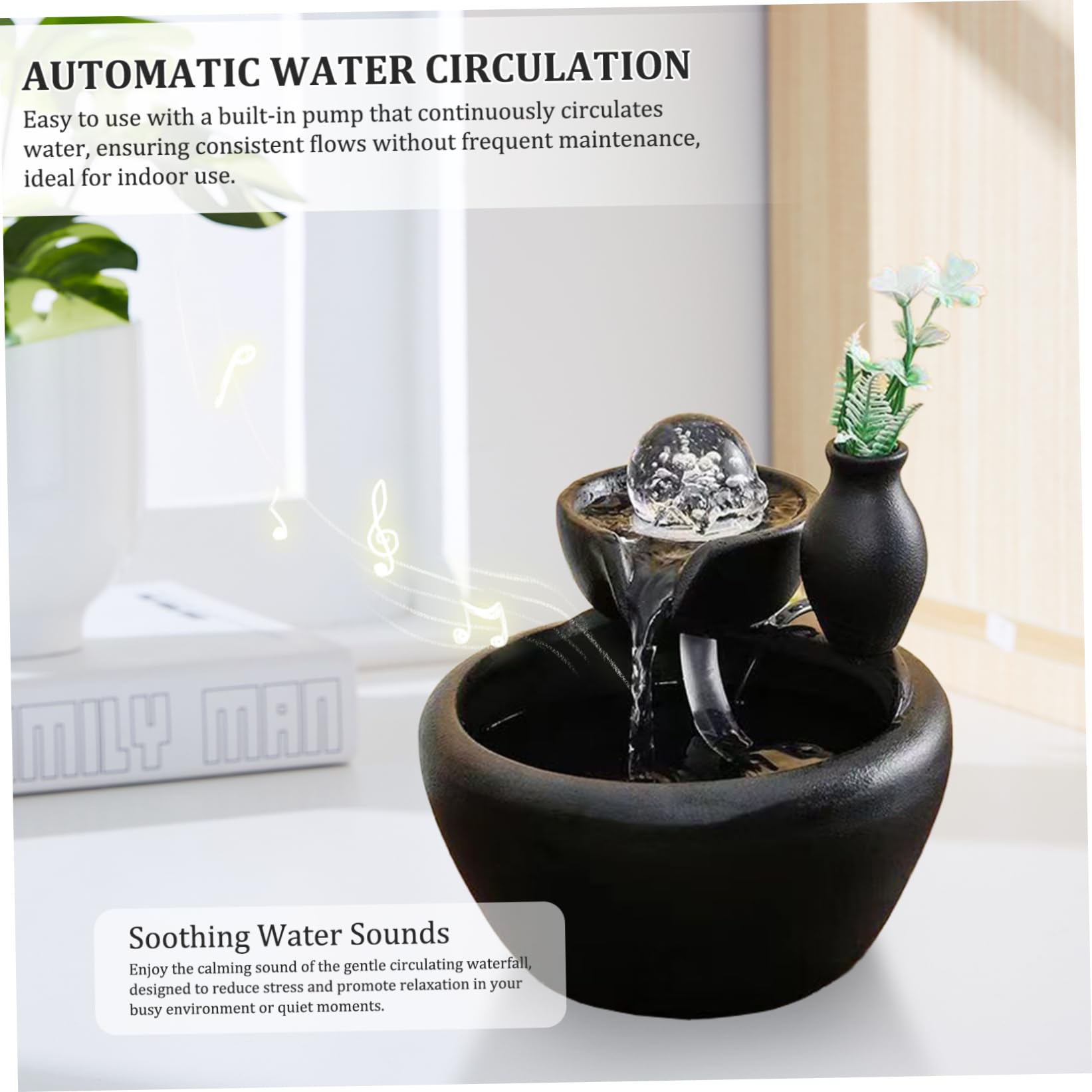 Fuente de Mesa Decorativa para Interior, Fuente de Agua con Cascada, de cerámica, con Bola de Cristal, Bomba de Agua, decoración para Oficina, Escritorio, 16,2 x 17,8 x 15,5 cm