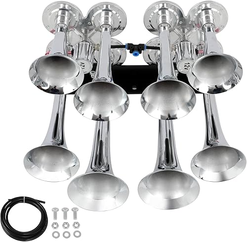 cciyu Bocina de aire de tren de 135 dB, bocina de tren, 8 trompetas para camiones/coches/SUV, sonido fuerte, para vehículos de 12 V/24 V