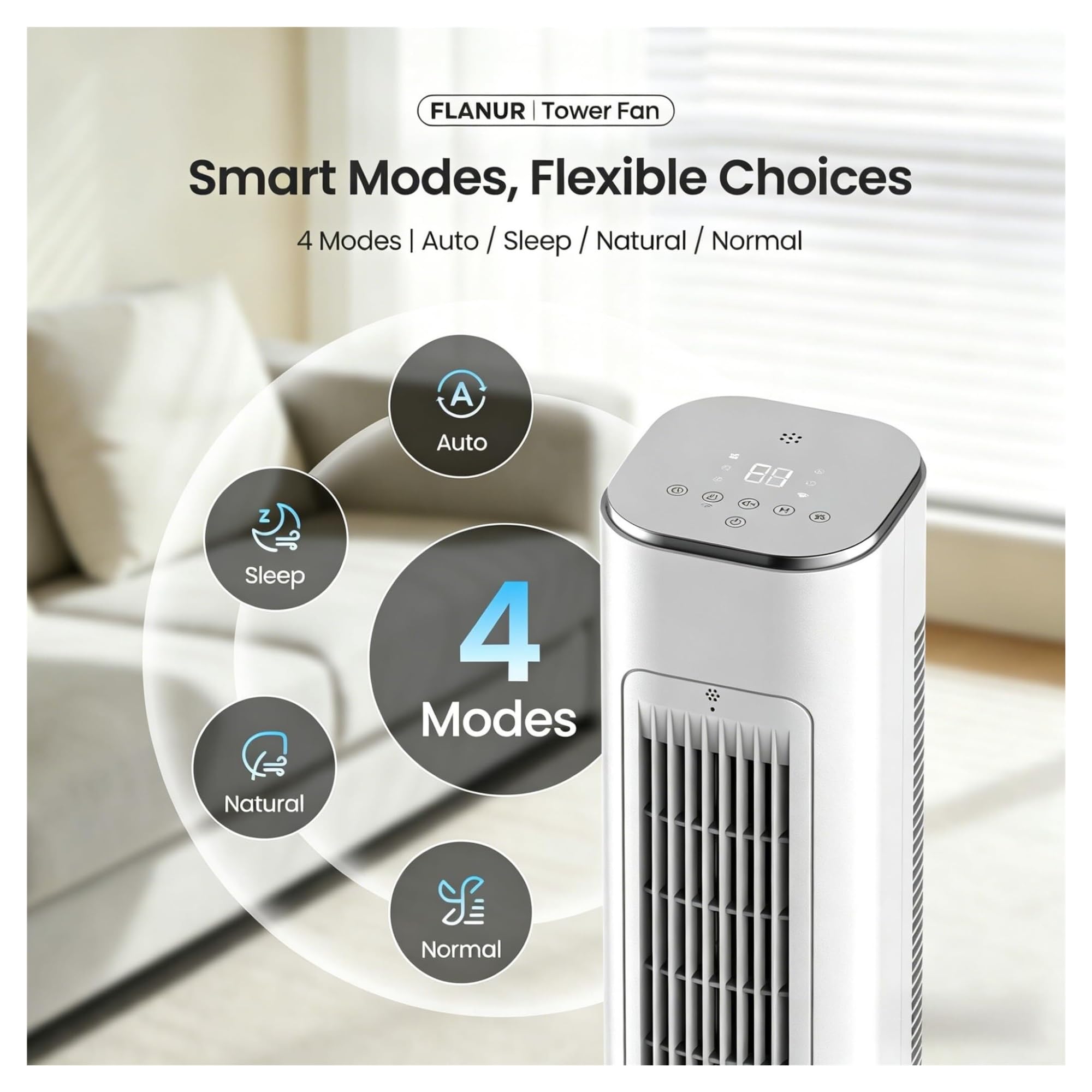 Ventilador de la torre inteligente con el control remoto de la aplicación, 90 diseño oscilante sin cuchillas para la oficina del dormitorio, velocidad del viento de 25 pies/s, modo de suspensión silen