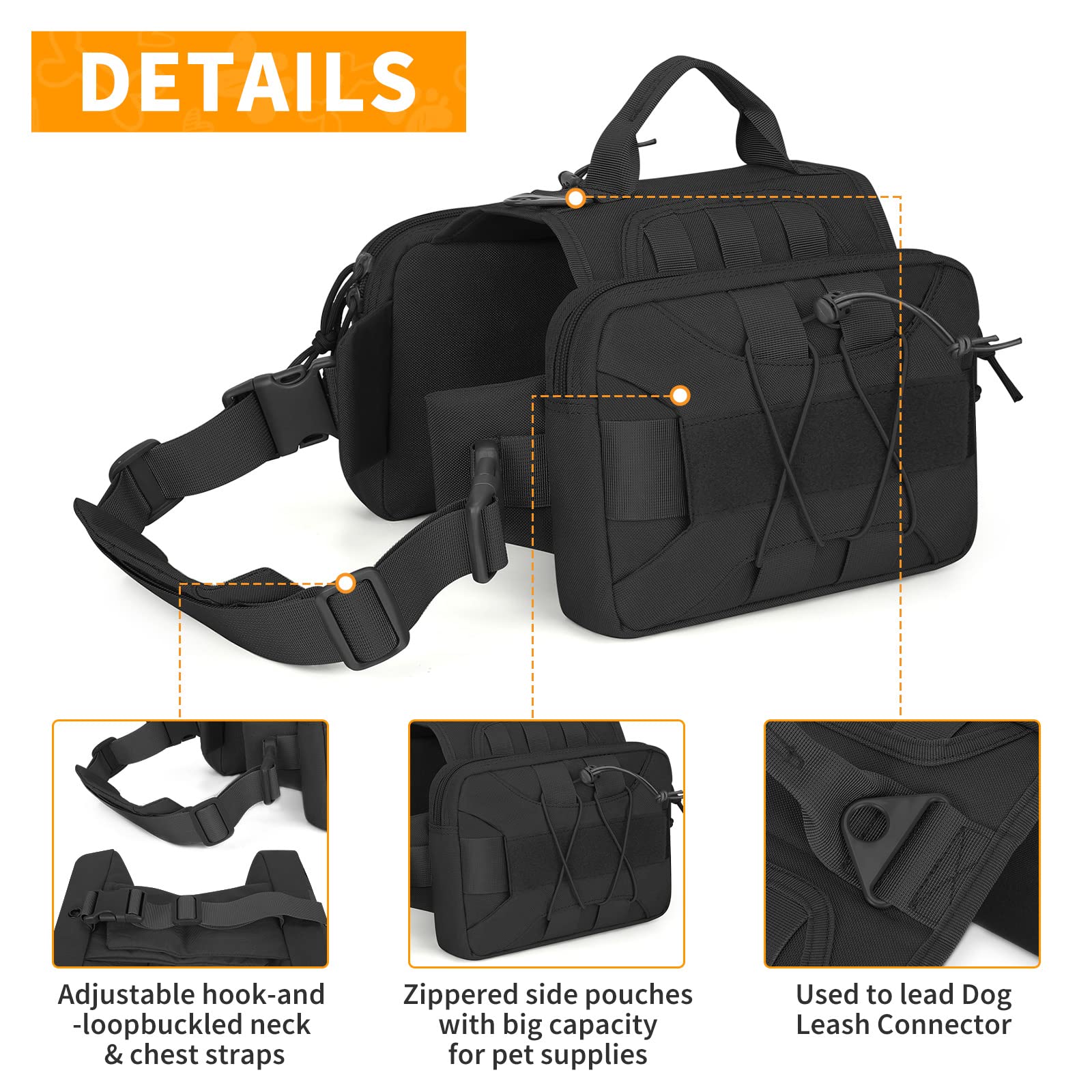 Huntvp Sac à Dos Tactique 1000D Harnais pour Chien Sac à Dos de Camping randonnée Sac à Dos pour Chien Voyage, Camping et la Randonnée en Plein air Chasse(Noir)