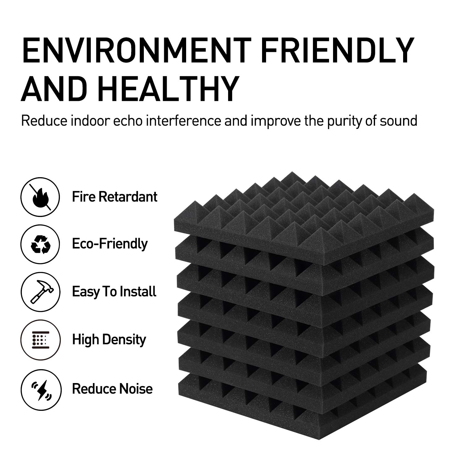 Focusound Paquete de 12 paneles de espuma acústica, 2 pulgadas x 12 pulgadas x 12 pulgadas de espuma insonorizada con cinta adhesiva de doble cara, color negro