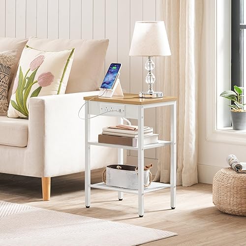Miniatura 2 de HOOBRO Mesa auxiliar con estación de carga y puertos USB, mesa auxiliar pequeña para espacio pequeño, mesita de noche de 3 niveles con estante