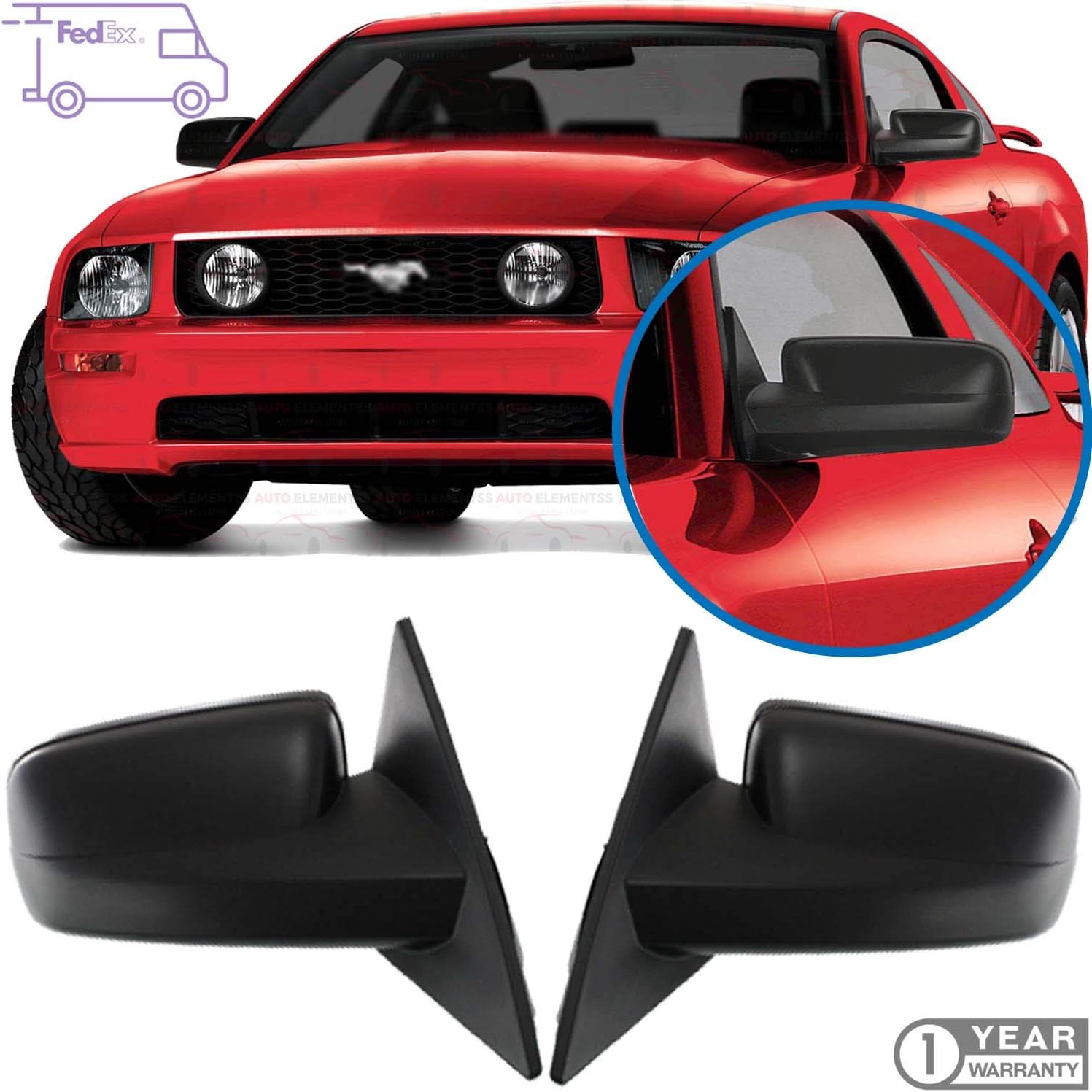 Side View Mirror Set Paintable Textured Black For 2005-2009 Ford Mustang Direct Replacement