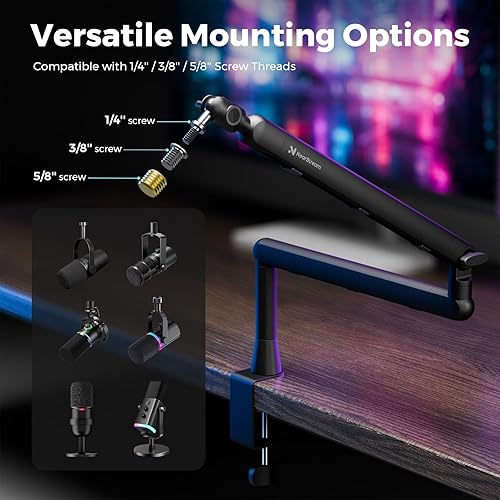 Miniatura 2 de NearStream Soporte de micrófono con adaptadores de 14", 38" y 58", brazo de micrófono ajustable con gestión de cables, elevador de 4.5", soporte de