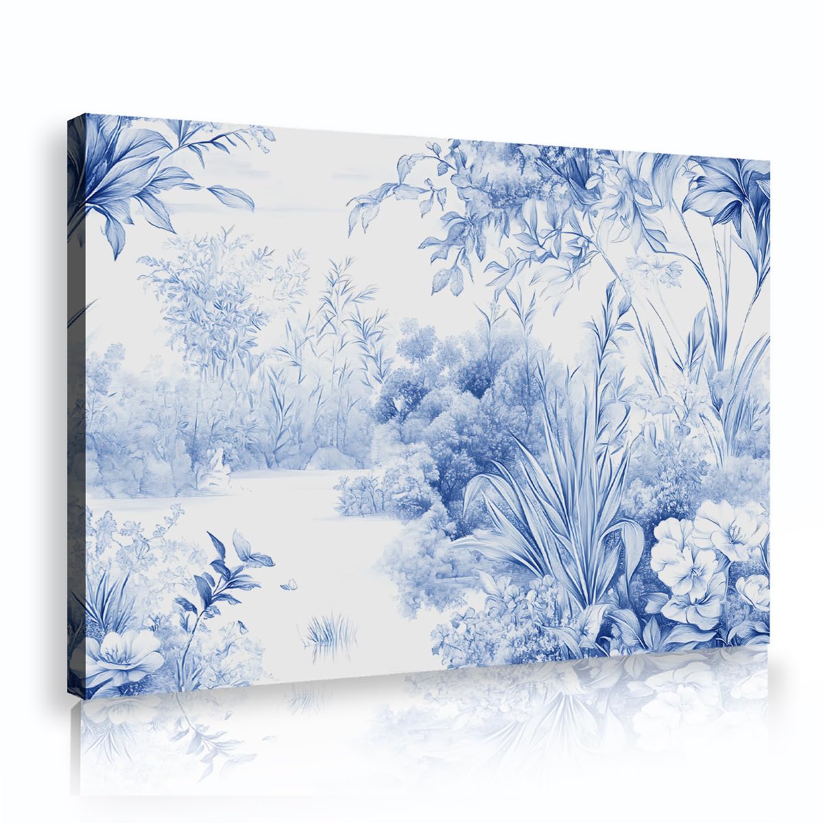 TOANGWALL Classic French Blue White Framed Canvas Wall Art Vintage Chinoiserie Forest Garden Picture Stretched Printed Poster for Dining Room Hallway Decor 75x115cm