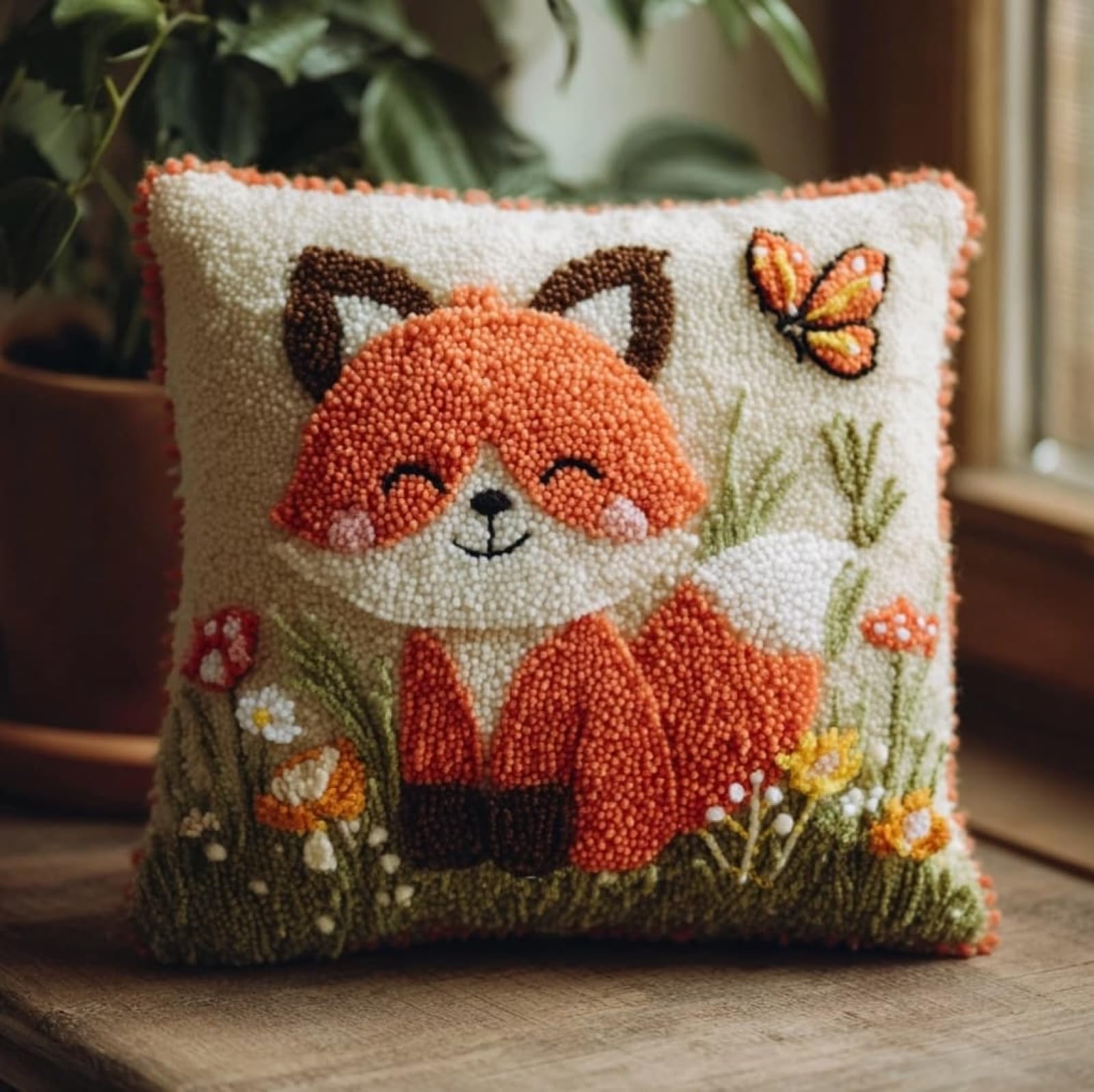 WallustrioaW 3D Pillow Latch Hook Embroidery Kits 17x17in,Fox and Butterfly
