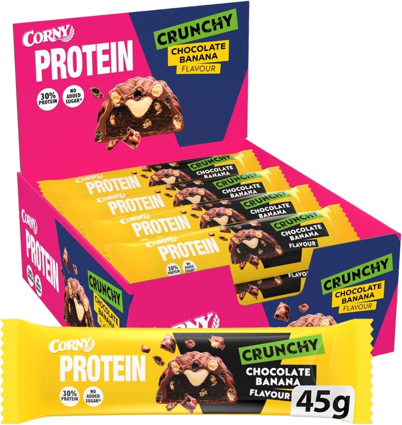 Barres protéinées, Corny Protein Crunchy, Chocolat au Lait Goût Banane, Avec collagène, 0% de sucres ajoutés, Pack de 12x45g, Taste the Power