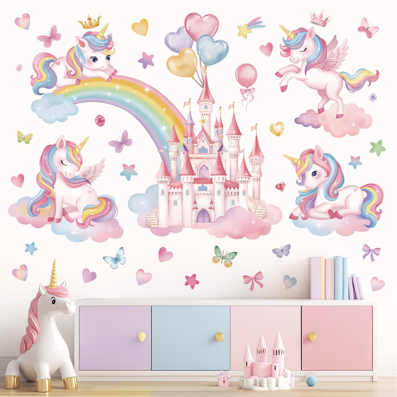 wondever Rainbow Castle Wall Stickers Unicorn Butterfly Balloon Peel and Stick Wall Art Decals for Baby Nursery Girls Bedroom Toddler Room - Image 3