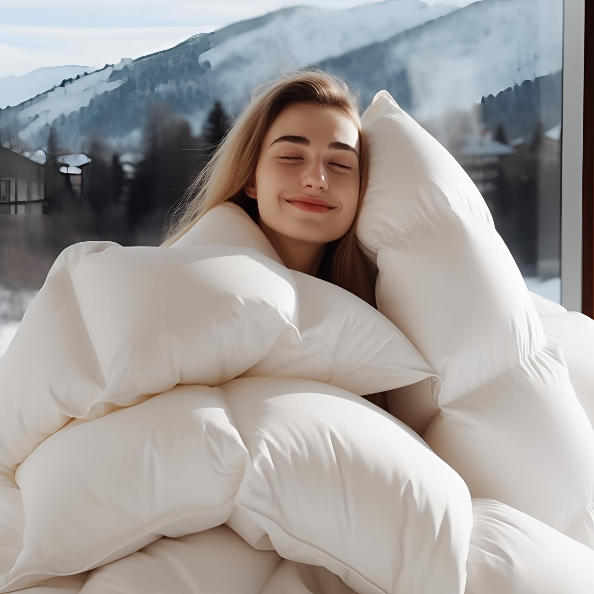 Luxury Goose Feather Down Comforter Queen Size - 1600 TC/DM Cotton Blend Medium Warmth Duvet Insert for All Season High Fill-Power Hotel Bedding Comforters, Queen 90" X 90โ