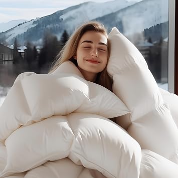 Luxury Goose Feather Down Comforter Queen Size - 1600 TC/DM Cotton Blend Medium Warmth Duvet Insert for All Season High Fill-Power Hotel Bedding Comforters, Queen 90" X 90